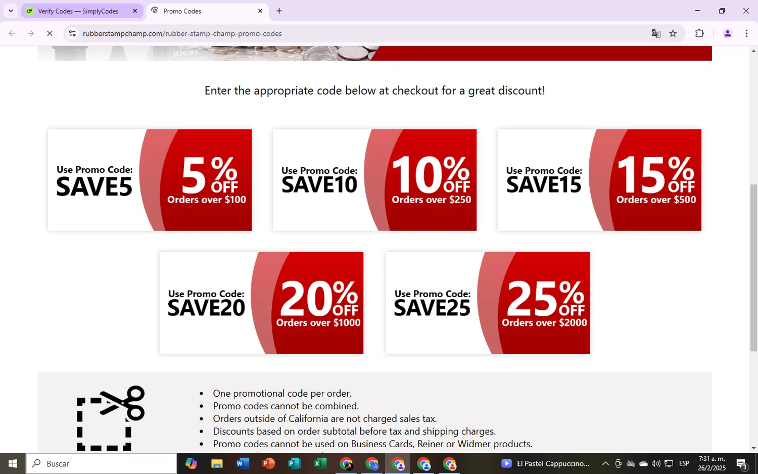 RubberStampChamp coupon code screenshot showing code SAVE20 applied at RubberStampChamp checkout page. Uploaded by SimplyCodes community member CryBabyy on Feb 26, 2025