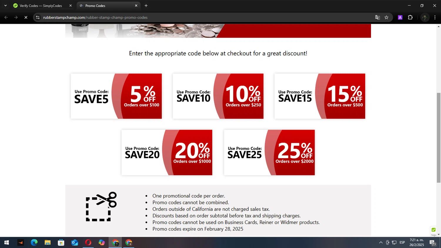 RubberStampChamp coupon code screenshot showing code SAVE10 applied at RubberStampChamp checkout page. Uploaded by SimplyCodes community member Andy2323 on Feb 26, 2025