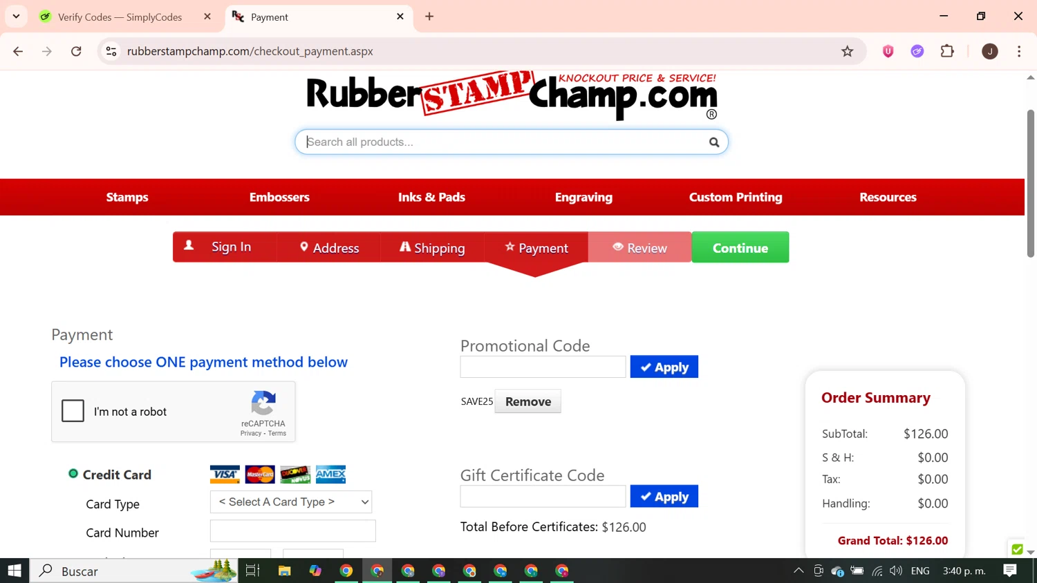 RubberStampChamp coupon code screenshot showing code SAVE25 applied at RubberStampChamp checkout page. Uploaded by SimplyCodes community member PrimeGenius2371 on Sep 4, 2025