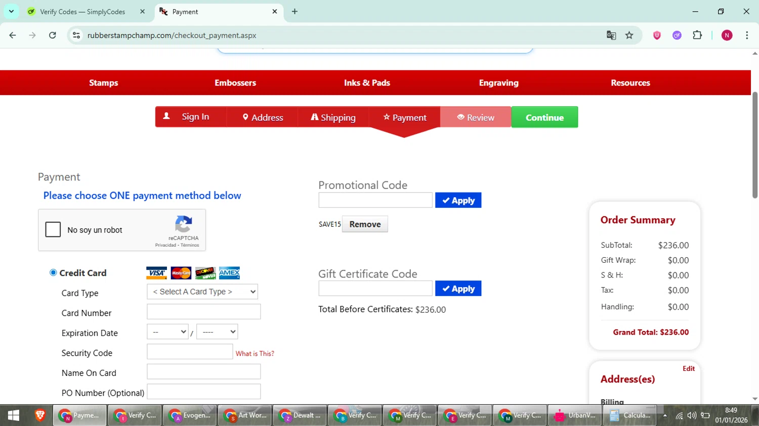 RubberStampChamp checkout page showing RubberStampChamp coupon code box | Screenshot taken by SimplyCodes community member on Jan 1, 2026