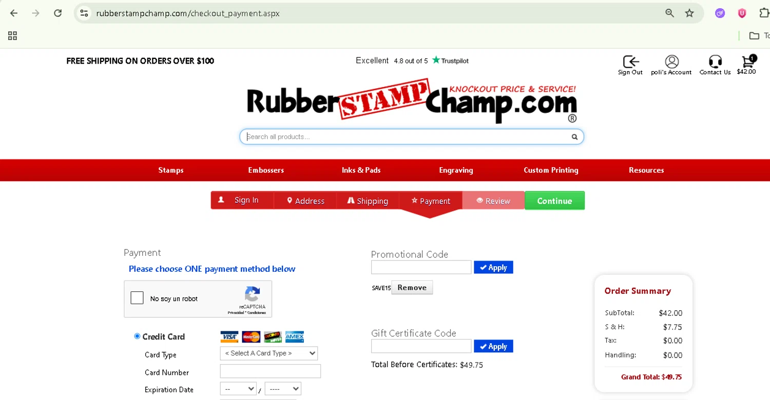 RubberStampChamp coupon code screenshot showing code SAVE15 applied at RubberStampChamp checkout page. Uploaded by SimplyCodes community member NobleSentinel8535 on Jun 15, 2025