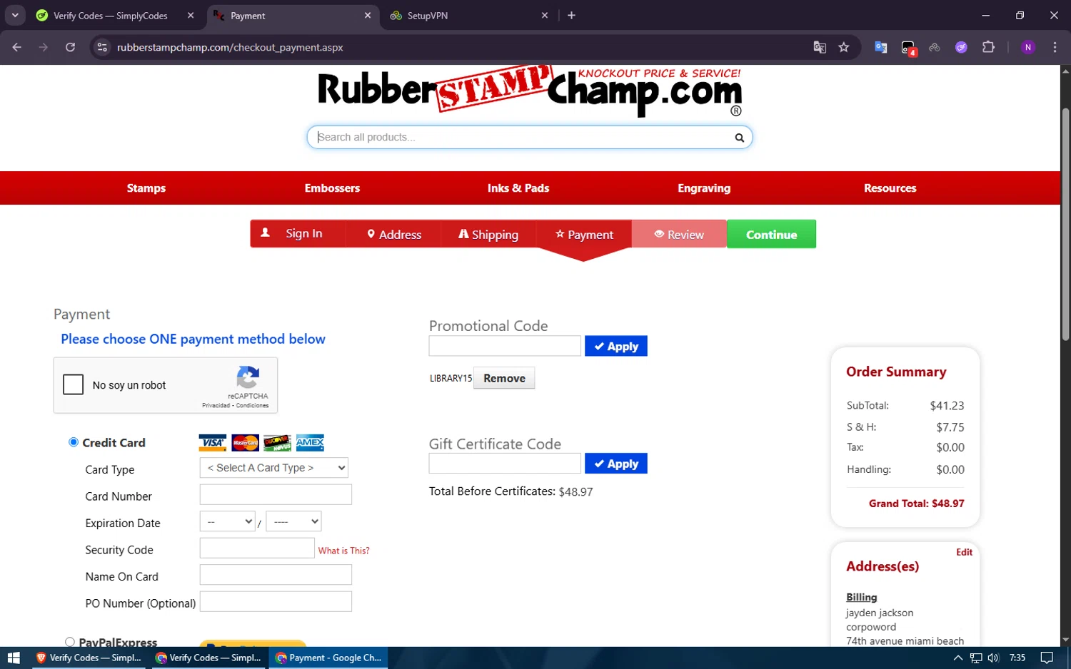 RubberStampChamp checkout page showing RubberStampChamp coupon code box | Screenshot taken by SimplyCodes community member on Oct 21, 2025