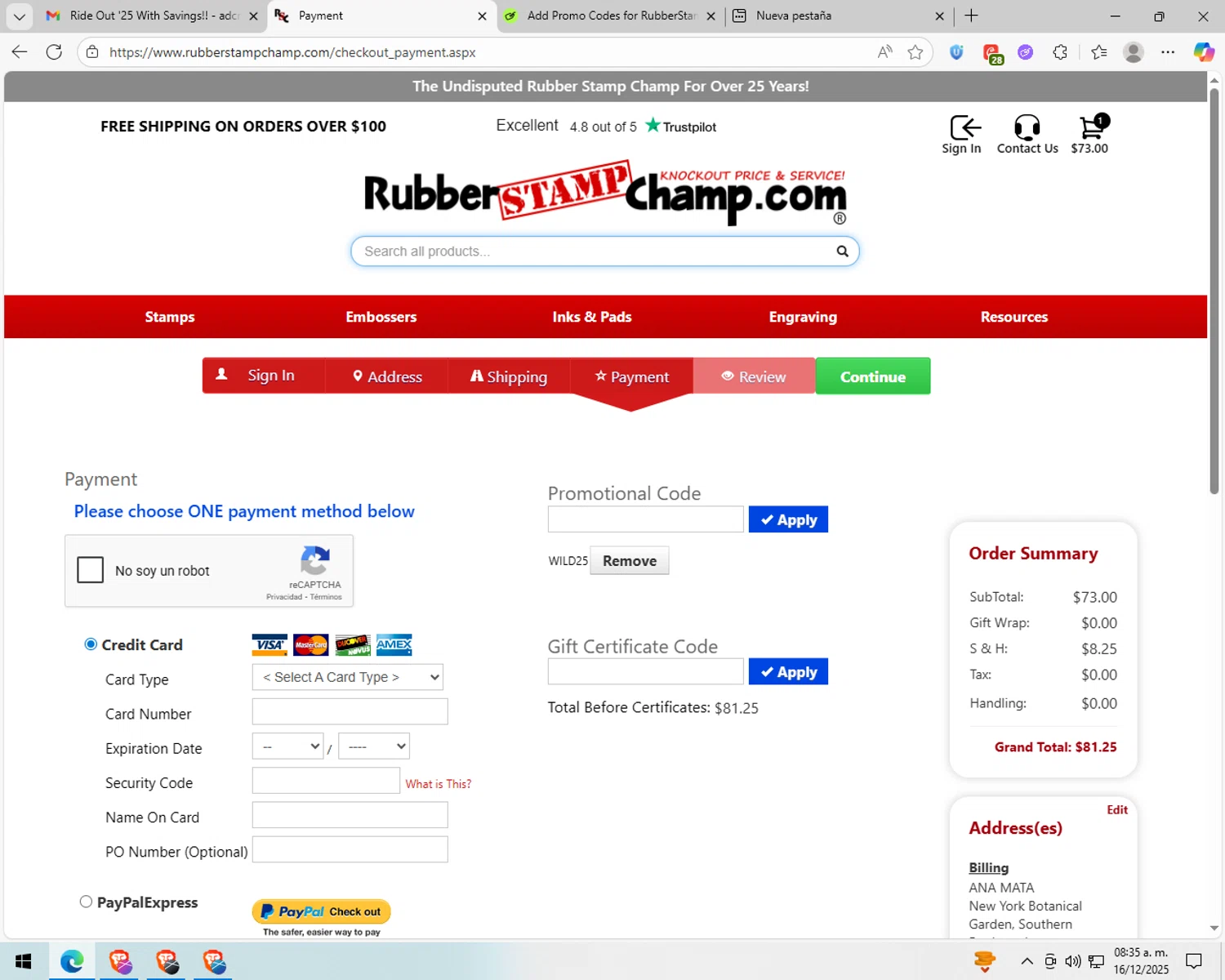 RubberStampChamp coupon code screenshot showing code WILD25 applied at RubberStampChamp checkout page. Uploaded by SimplyCodes community member peachee on Dec 16, 2025