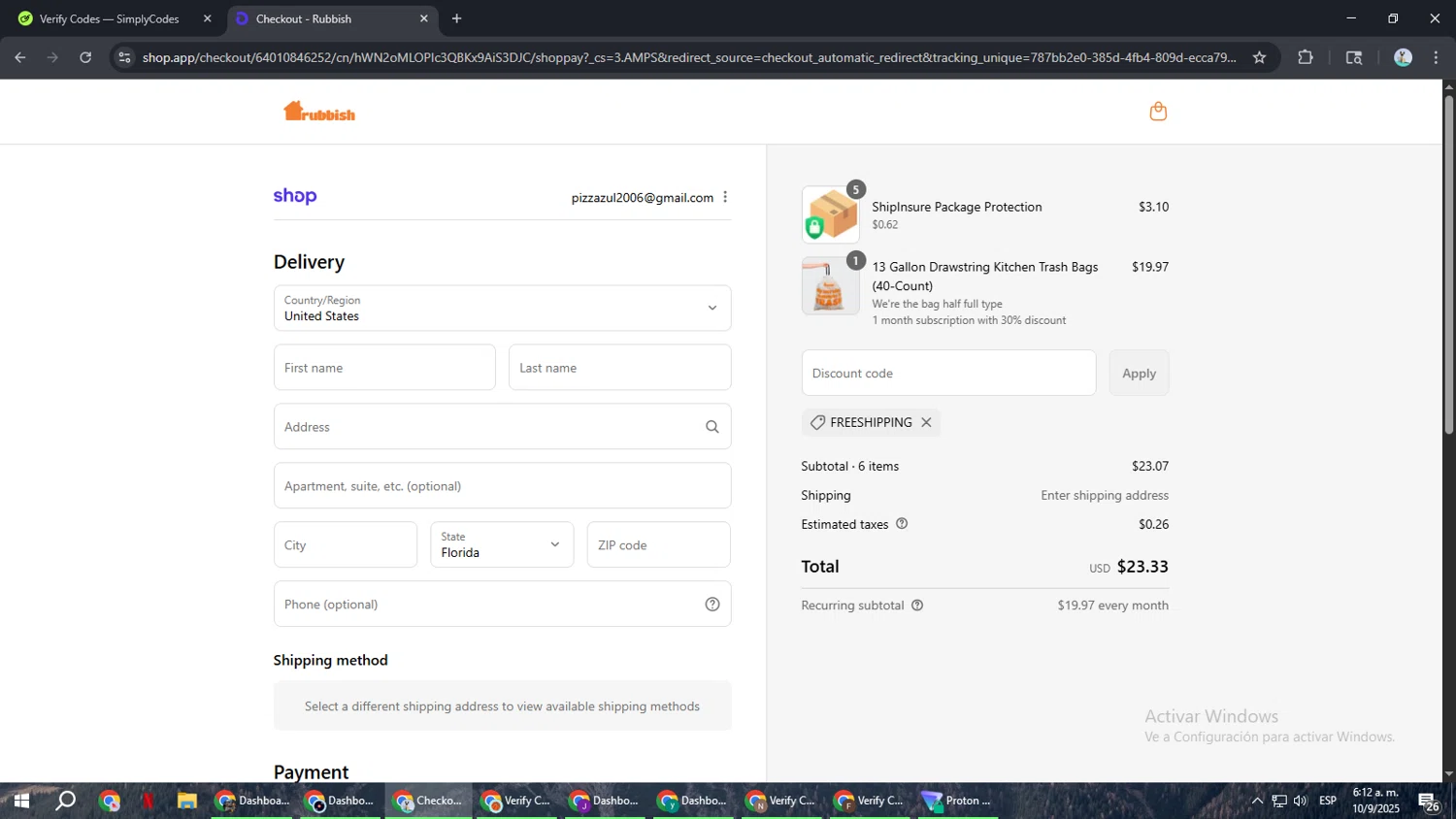 Rubbish Home promo code screenshot showing code FREESHIPPING applied at Rubbish Home checkout page. Uploaded by SimplyCodes community member ShrewdSeeker6165 on Sep 10, 2025