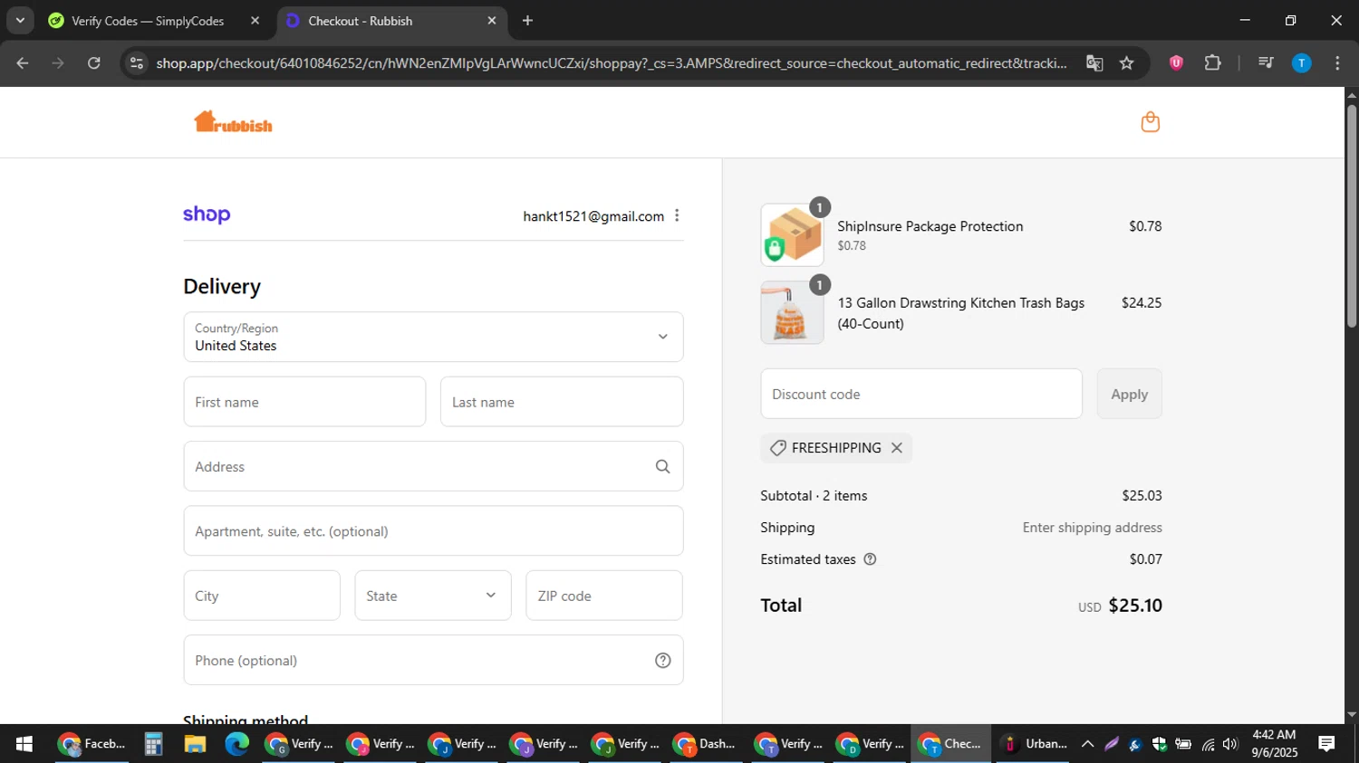 Rubbish Home promo code screenshot showing code FREESHIPPING applied at Rubbish Home checkout page. Uploaded by SimplyCodes community member hankt1521 on Sep 6, 2025