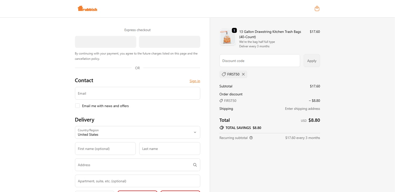 Rubbish Home promo code screenshot showing code FIRST50 applied at Rubbish Home checkout page. Uploaded by SimplyCodes community member Alydrop on Sep 23, 2025