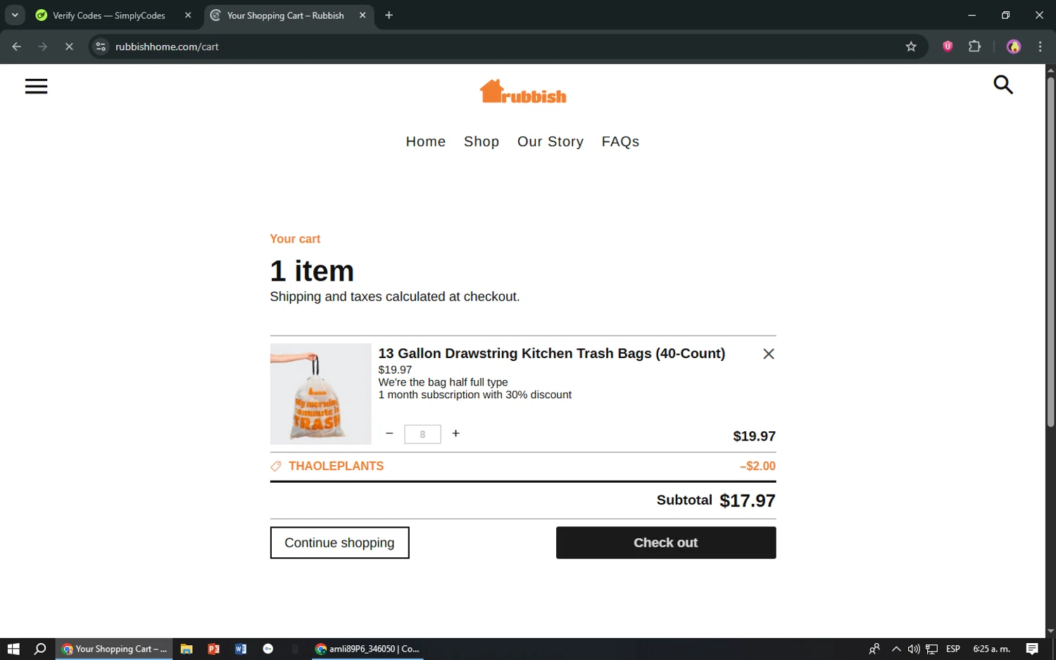 Rubbish Home promo code screenshot showing code THAOLEPLANTS applied at Rubbish Home checkout page. Uploaded by SimplyCodes community member TreasureShopper9156 on Jun 29, 2025