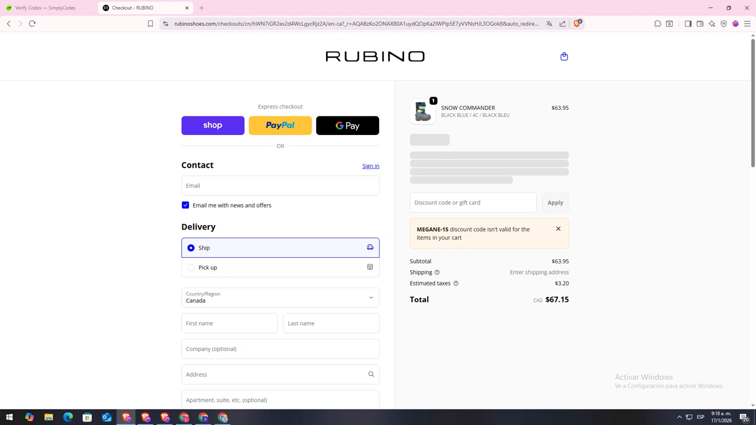 Rubino promo code screenshot showing code MEGANE-15 applied at Rubino checkout page. Uploaded by SimplyCodes community member CodeLynx5272 on Jan 17, 2026
