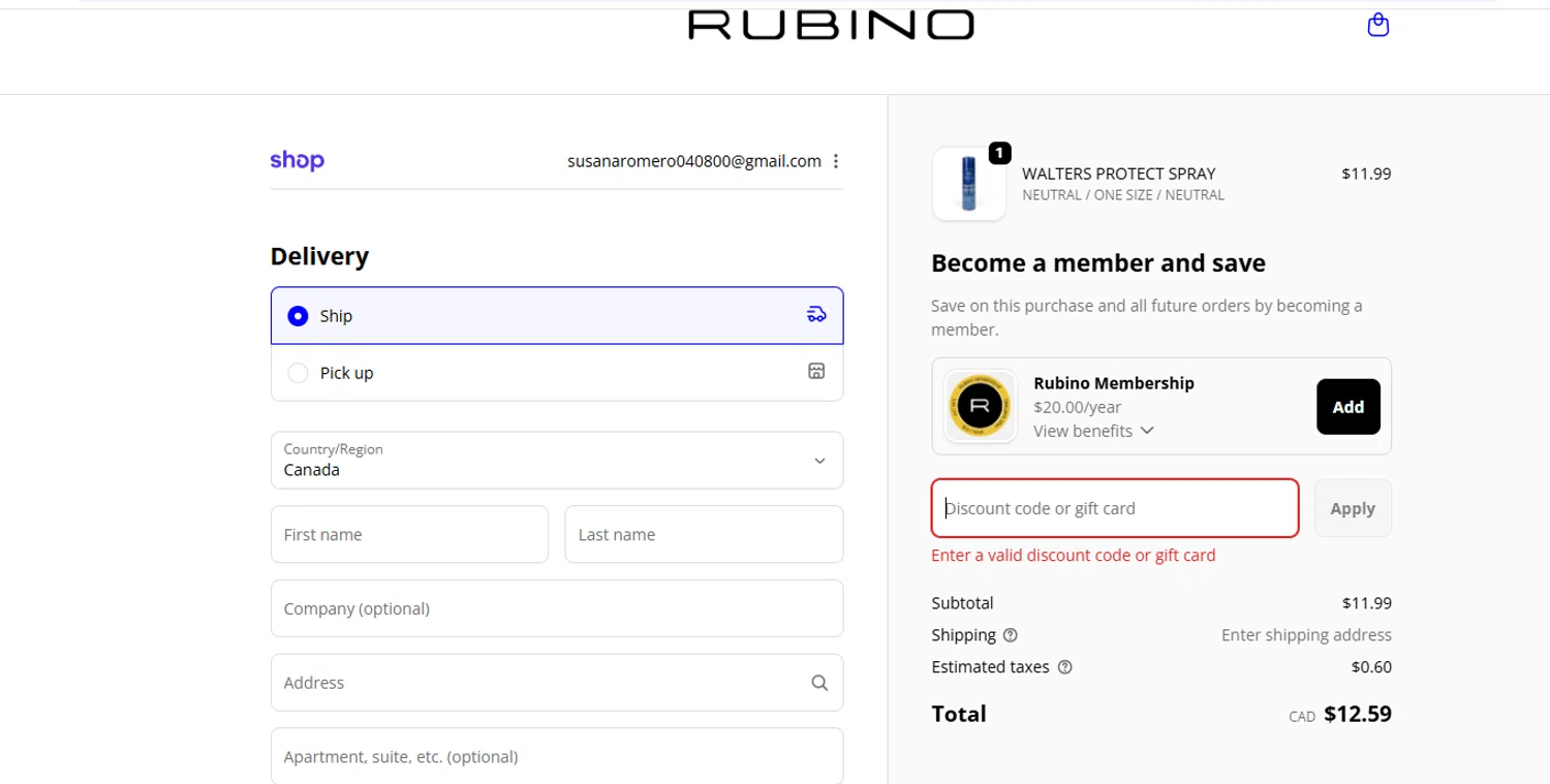 Rubino promo code screenshot showing code Cm20 applied at Rubino checkout page. Uploaded by SimplyCodes community member joanromero on Dec 9, 2025