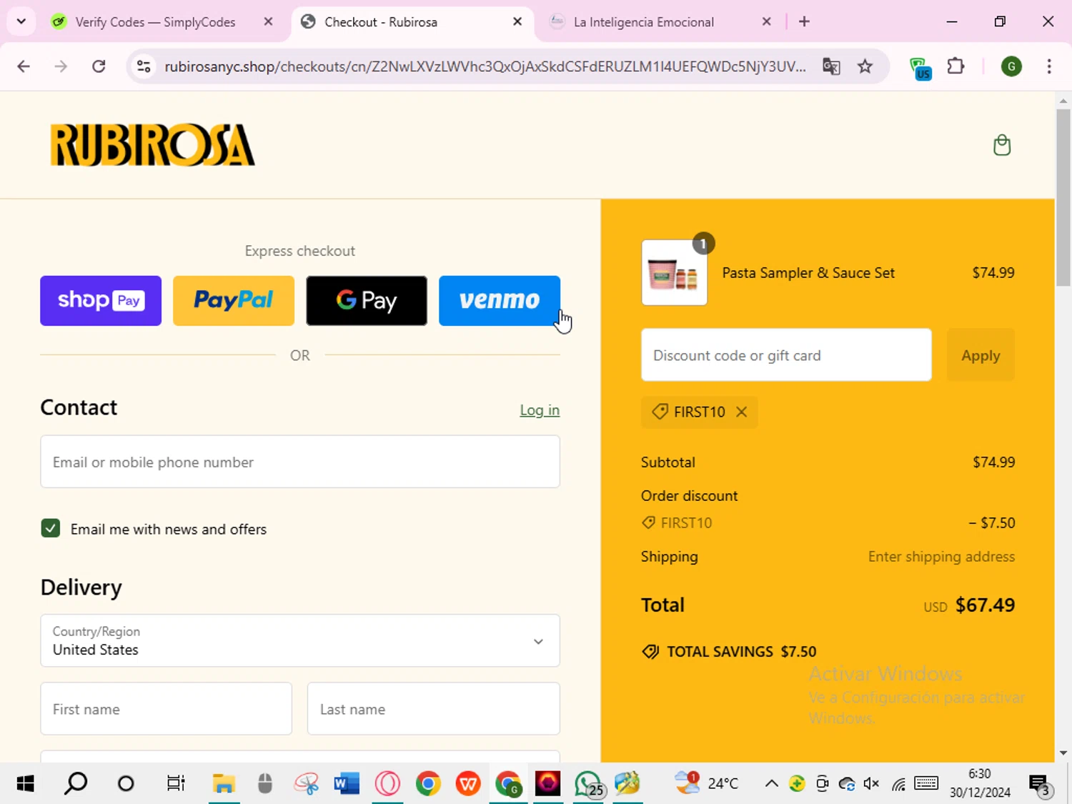 Rubirosa NYC promo code screenshot showing code FIRST10 applied at Rubirosa NYC checkout page. Uploaded by SimplyCodes community member RoyalVirtuoso7438 on Dec 30, 2024