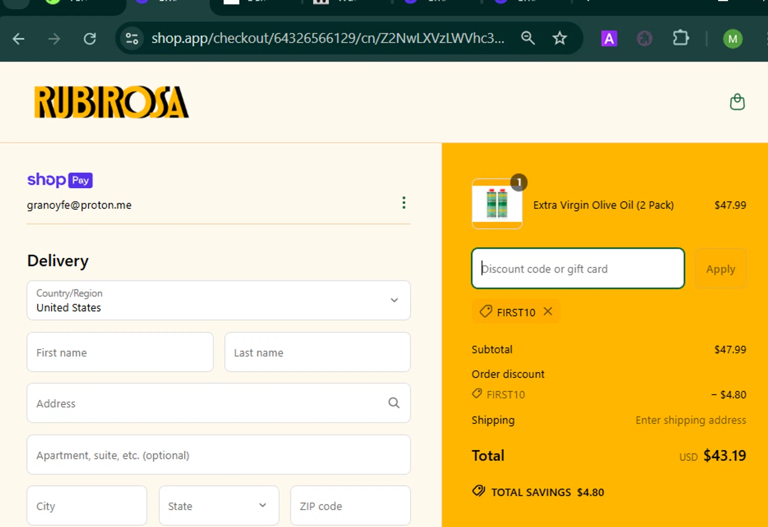 Rubirosa NYC promo code screenshot showing code FIRST10 applied at Rubirosa NYC checkout page. Uploaded by SimplyCodes community member MARCVH on Apr 20, 2025