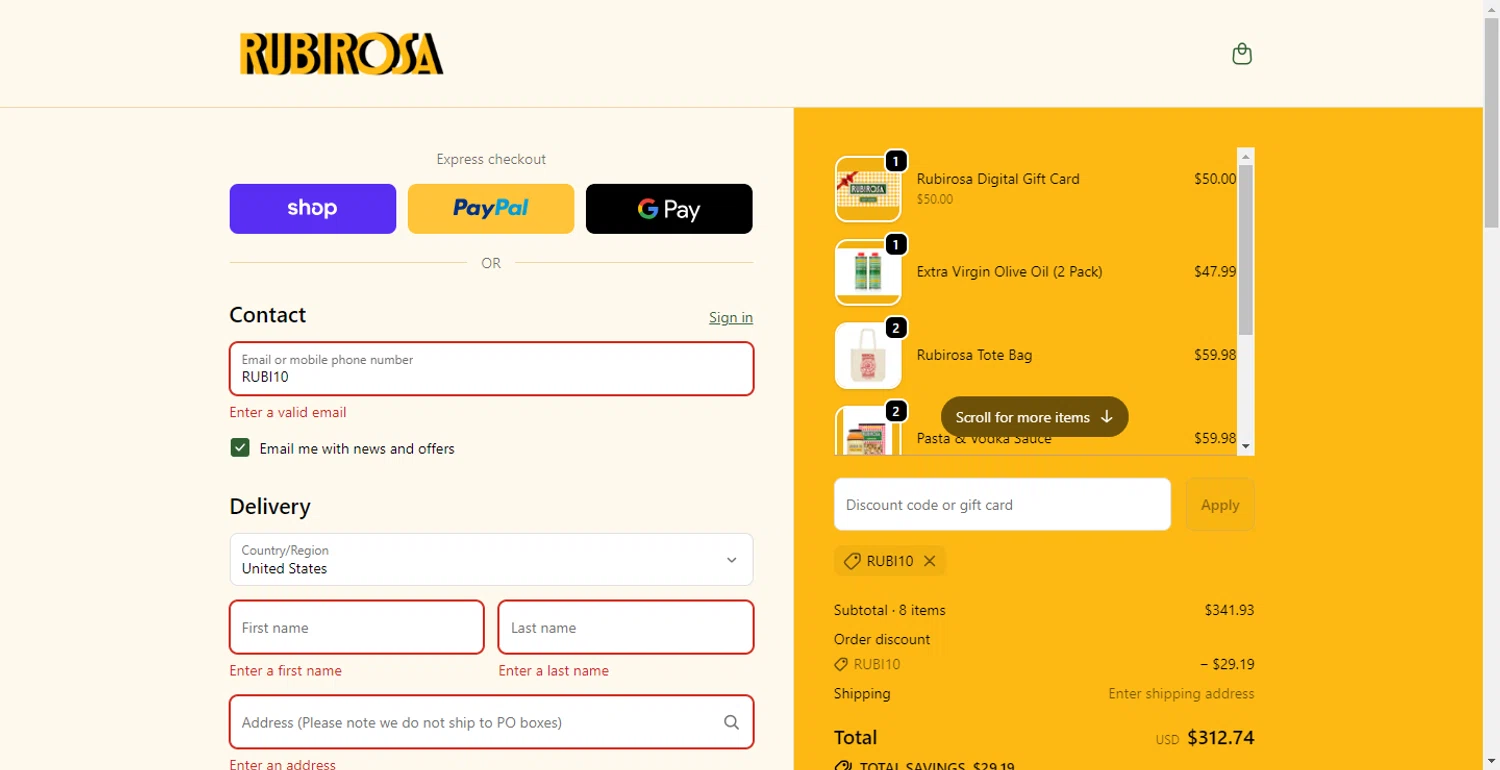Rubirosa NYC promo code screenshot showing code RUBI10 applied at Rubirosa NYC checkout page. Uploaded by SimplyCodes community member RewardLion6202 on Oct 23, 2025