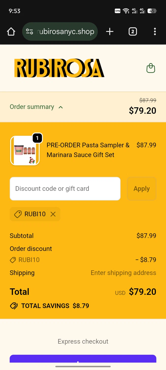 Rubirosa NYC promo code screenshot showing code RUBI10 applied at Rubirosa NYC checkout page. Uploaded by SimplyCodes community member SInNOMBRE on Dec 24, 2025