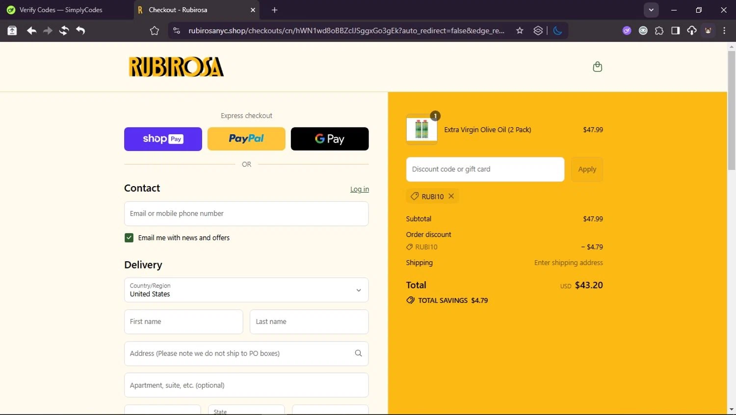 Rubirosa NYC promo code screenshot showing code RUBI10 applied at Rubirosa NYC checkout page. Uploaded by SimplyCodes community member Userr2 on Aug 18, 2025