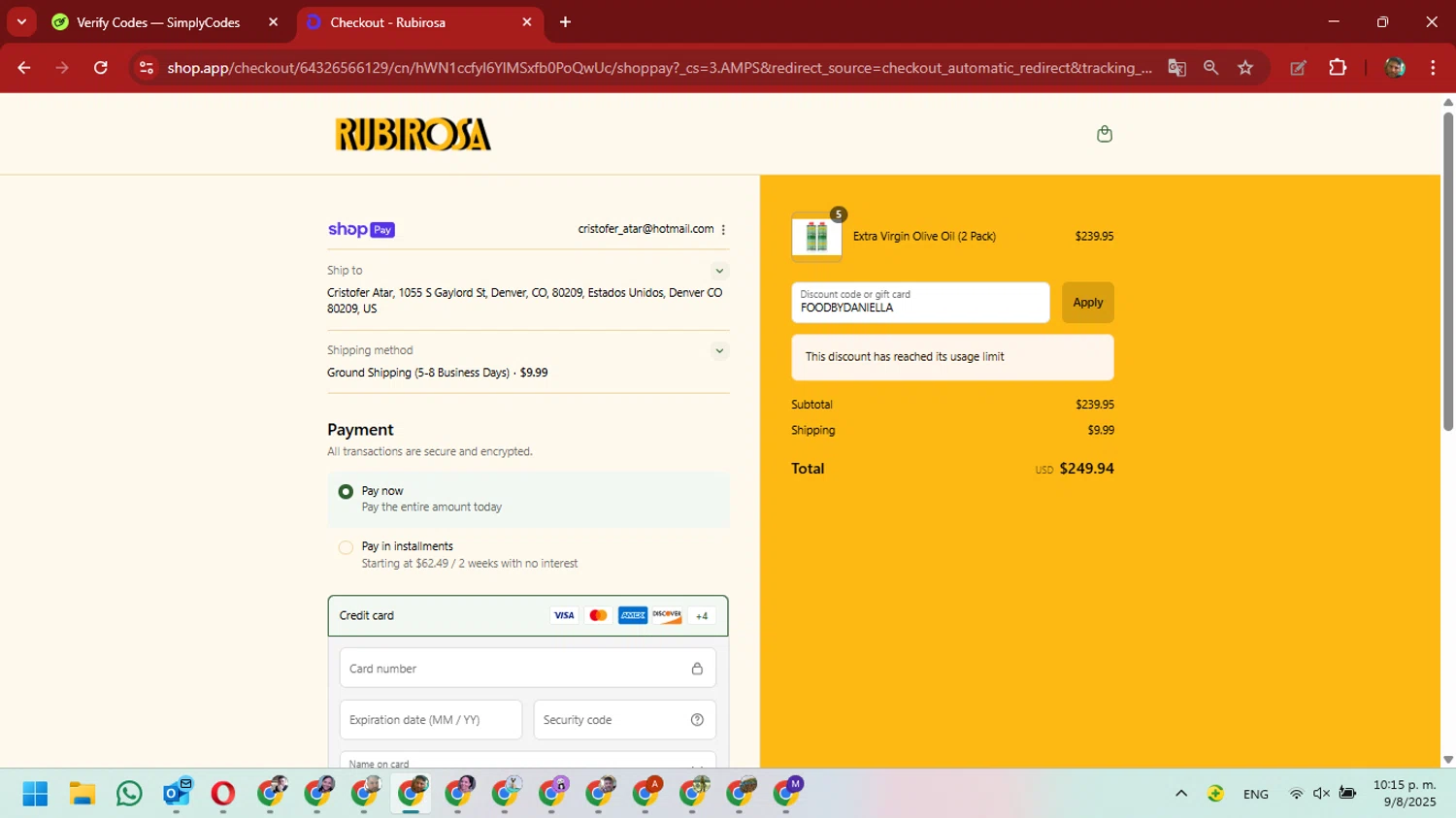 Rubirosa NYC promo code screenshot showing code FOODBYDANIELLA applied at Rubirosa NYC checkout page. Uploaded by SimplyCodes community member David_Gut_Sonic on Aug 10, 2025