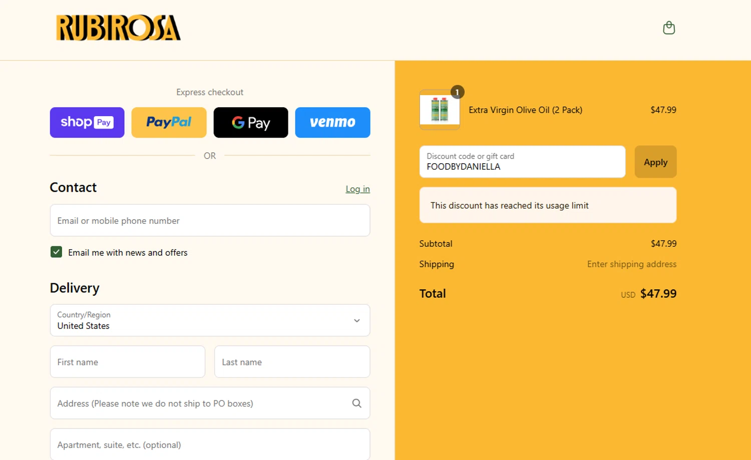 Rubirosa NYC promo code screenshot showing code FOODBYDANIELLA applied at Rubirosa NYC checkout page. Uploaded by SimplyCodes community member SavvyLegend1586 on Aug 10, 2025