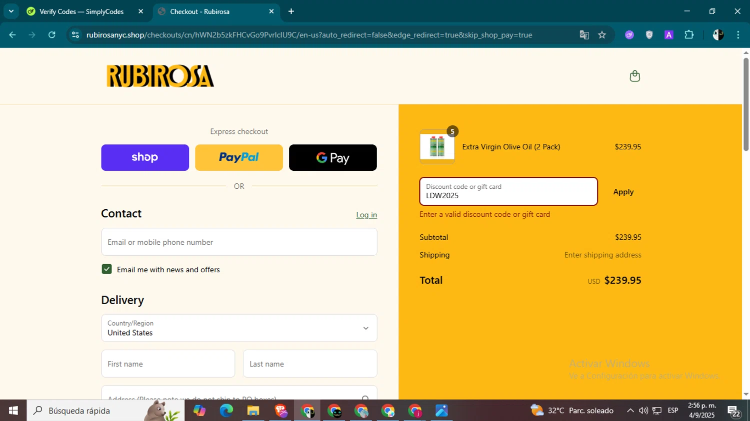 Rubirosa NYC promo code screenshot showing code LDW2025 applied at Rubirosa NYC checkout page. Uploaded by SimplyCodes community member CleverSage9163 on Sep 4, 2025