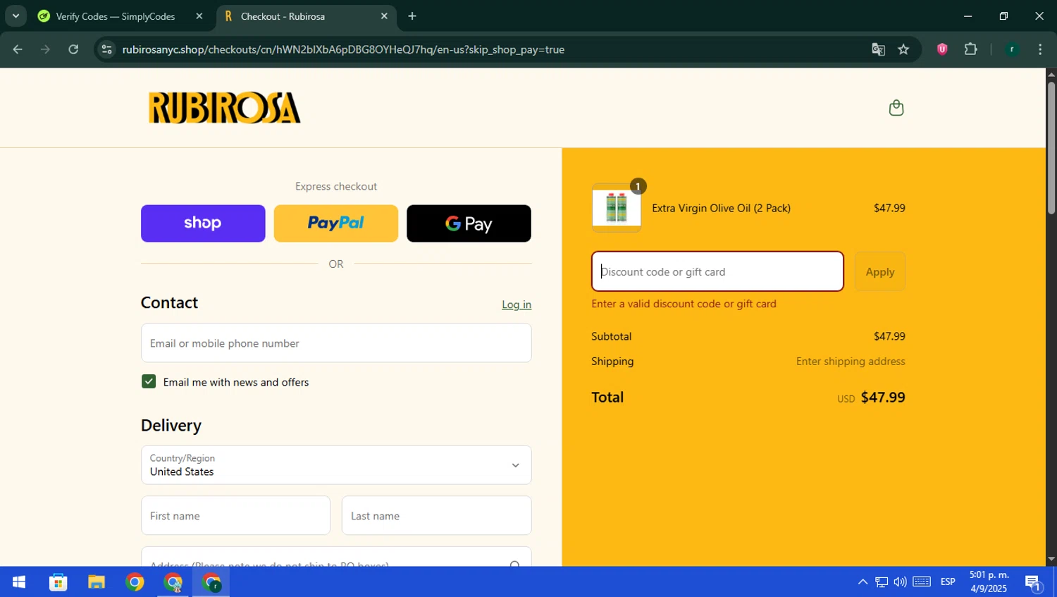 Rubirosa NYC promo code screenshot showing code LDW2025 applied at Rubirosa NYC checkout page. Uploaded by SimplyCodes community member rodri1 on Sep 4, 2025