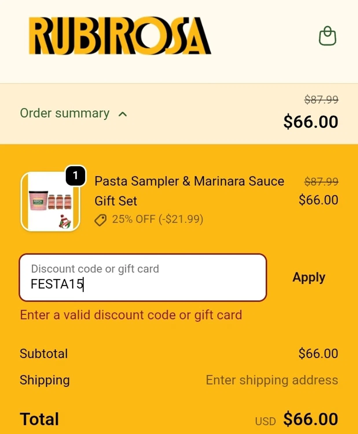 Rubirosa NYC promo code screenshot showing code FESTA15 applied at Rubirosa NYC checkout page. Uploaded by SimplyCodes community member ValiantCurator3344 on Nov 25, 2025