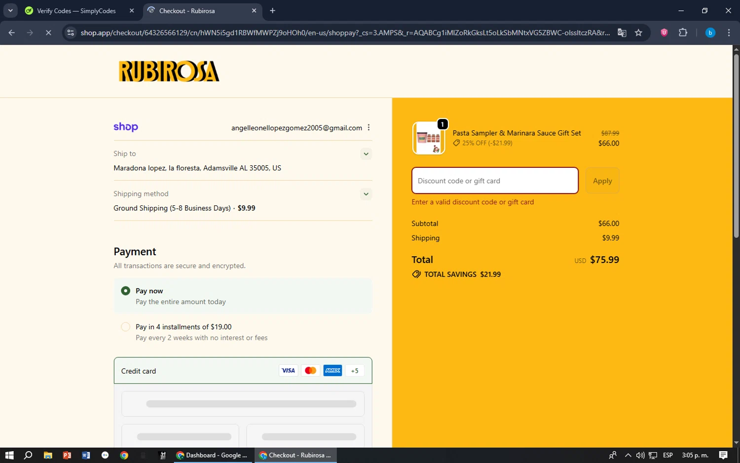 Rubirosa NYC promo code screenshot showing code FESTA15 applied at Rubirosa NYC checkout page. Uploaded by SimplyCodes community member bilijr on Nov 25, 2025