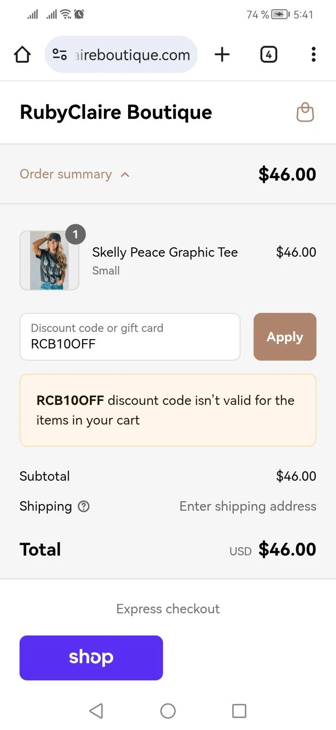 RubyClaire Boutique coupon code screenshot showing code RCB10OFF applied at RubyClaire Boutique checkout page. Uploaded by SimplyCodes community member CoinPhoenix3025 on Sep 10, 2025