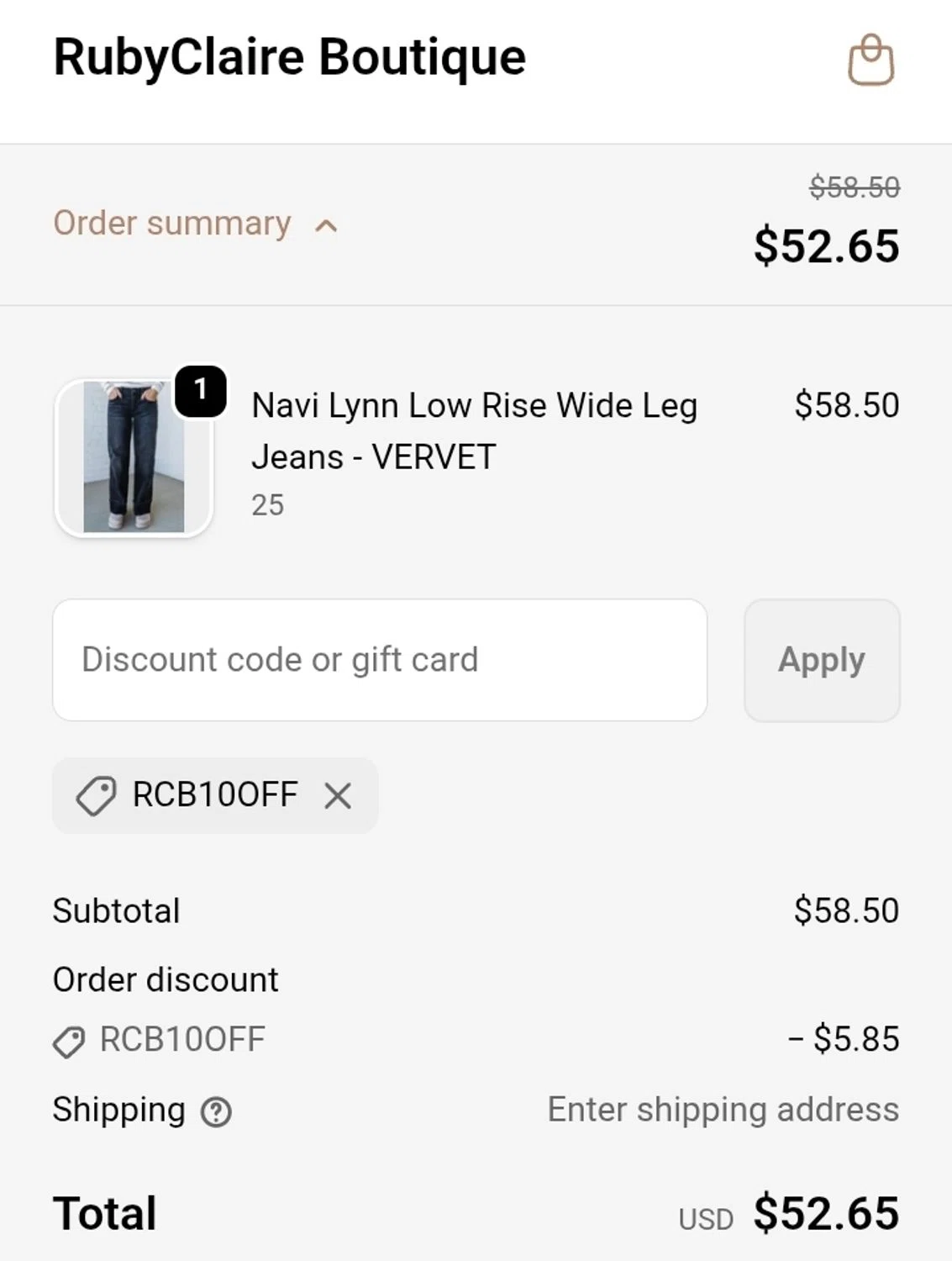 RubyClaire Boutique coupon code screenshot showing code RCB10OFF applied at RubyClaire Boutique checkout page. Uploaded by SimplyCodes community member ValiantCurator3344 on Nov 27, 2025