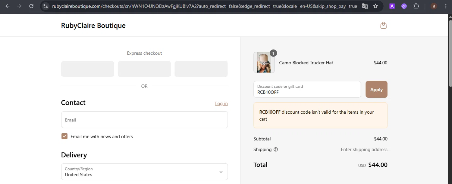 RubyClaire Boutique coupon code screenshot showing code RCB10OFF applied at RubyClaire Boutique checkout page. Uploaded by SimplyCodes community member VoucherSpotter9376 on Aug 3, 2025