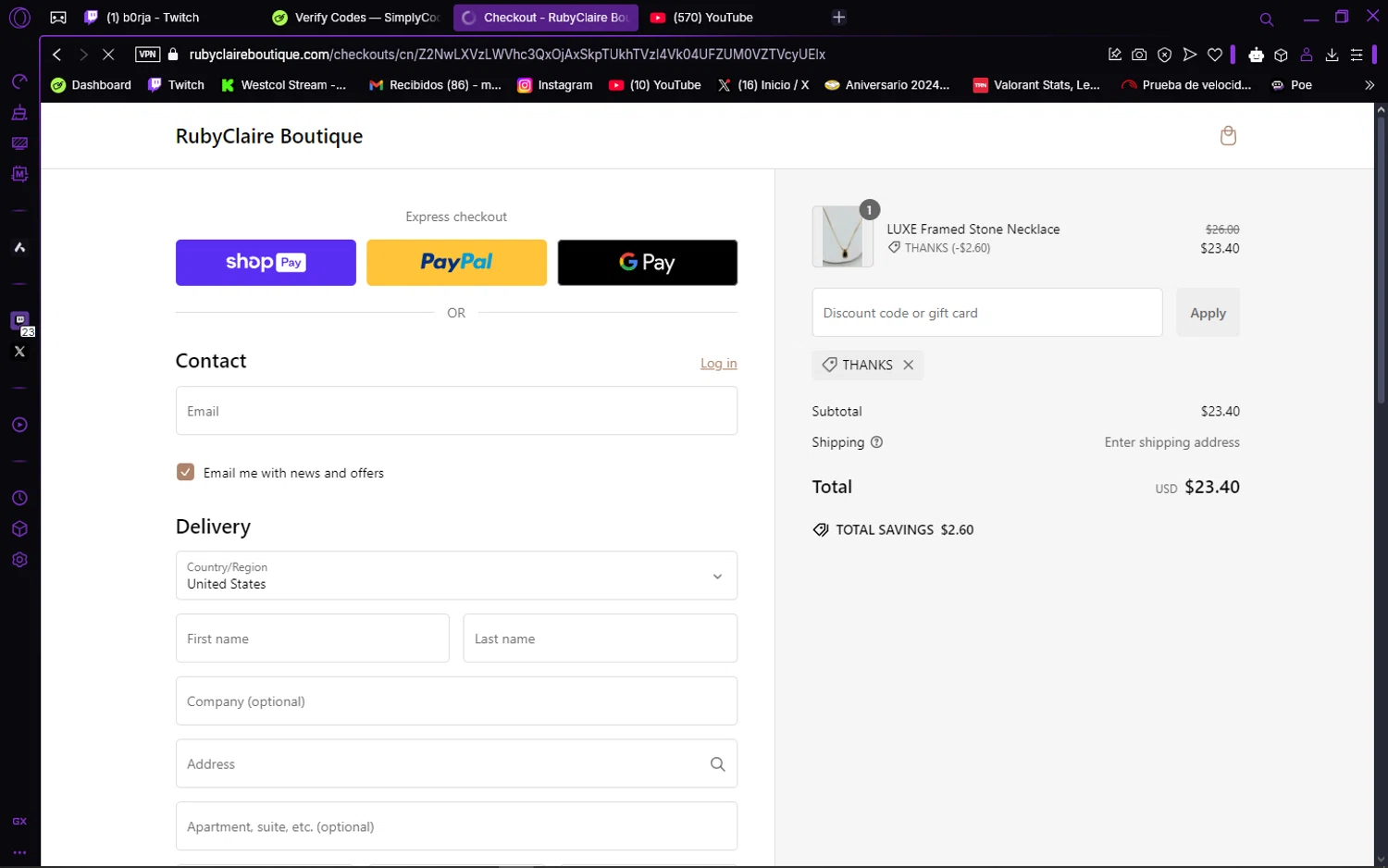 RubyClaire Boutique coupon code screenshot showing code THANKS applied at RubyClaire Boutique checkout page. Uploaded by SimplyCodes community member MagnificentLynx9362 on Jan 29, 2025