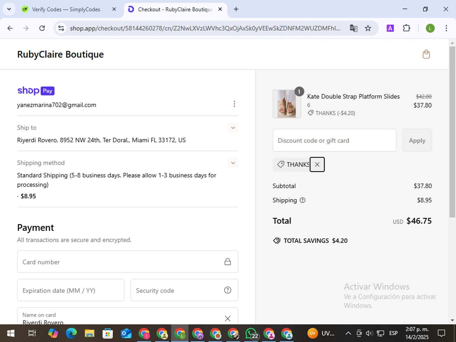 RubyClaire Boutique coupon code screenshot showing code THANKS applied at RubyClaire Boutique checkout page. Uploaded by SimplyCodes community member BargainEagle9039 on Feb 14, 2025