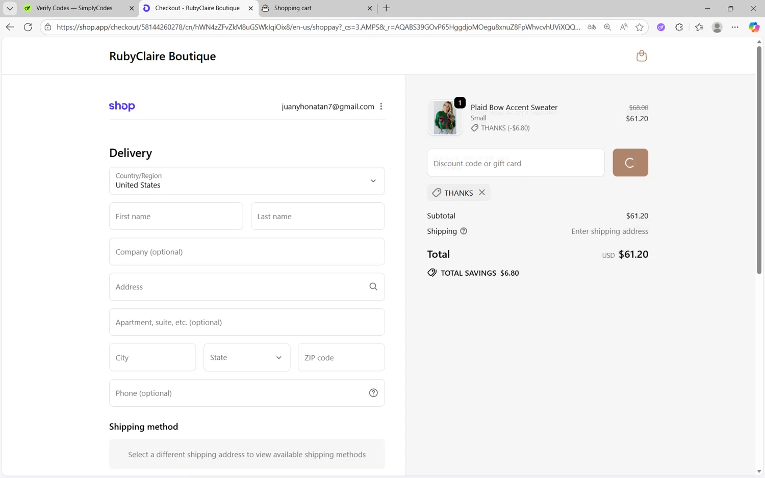 RubyClaire Boutique coupon code screenshot showing code THANKS applied at RubyClaire Boutique checkout page. Uploaded by SimplyCodes community member juan1702 on Nov 6, 2025