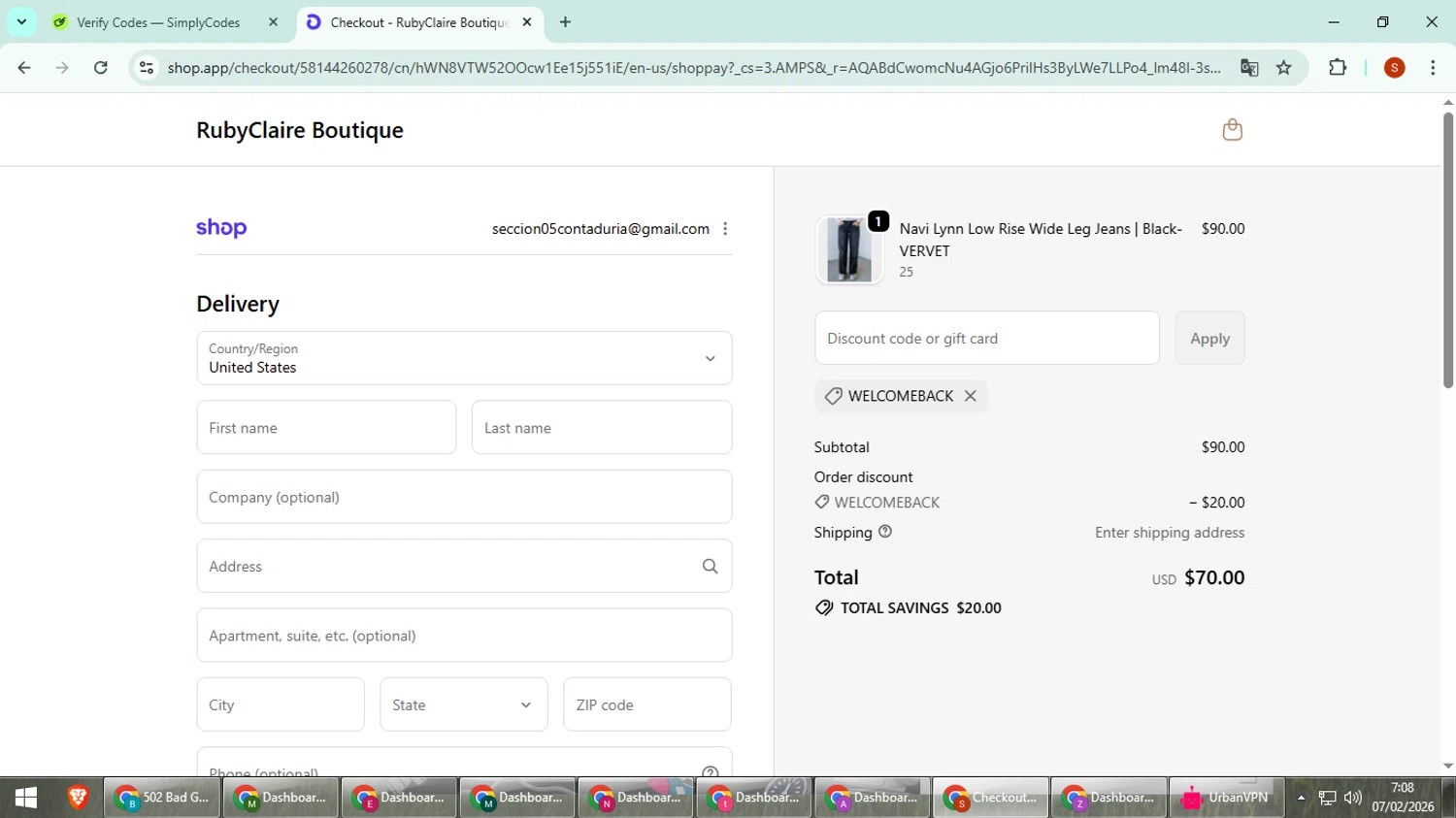 RubyClaire Boutique checkout page showing RubyClaire Boutique coupon code box | Screenshot taken by SimplyCodes community member on Feb 7, 2026