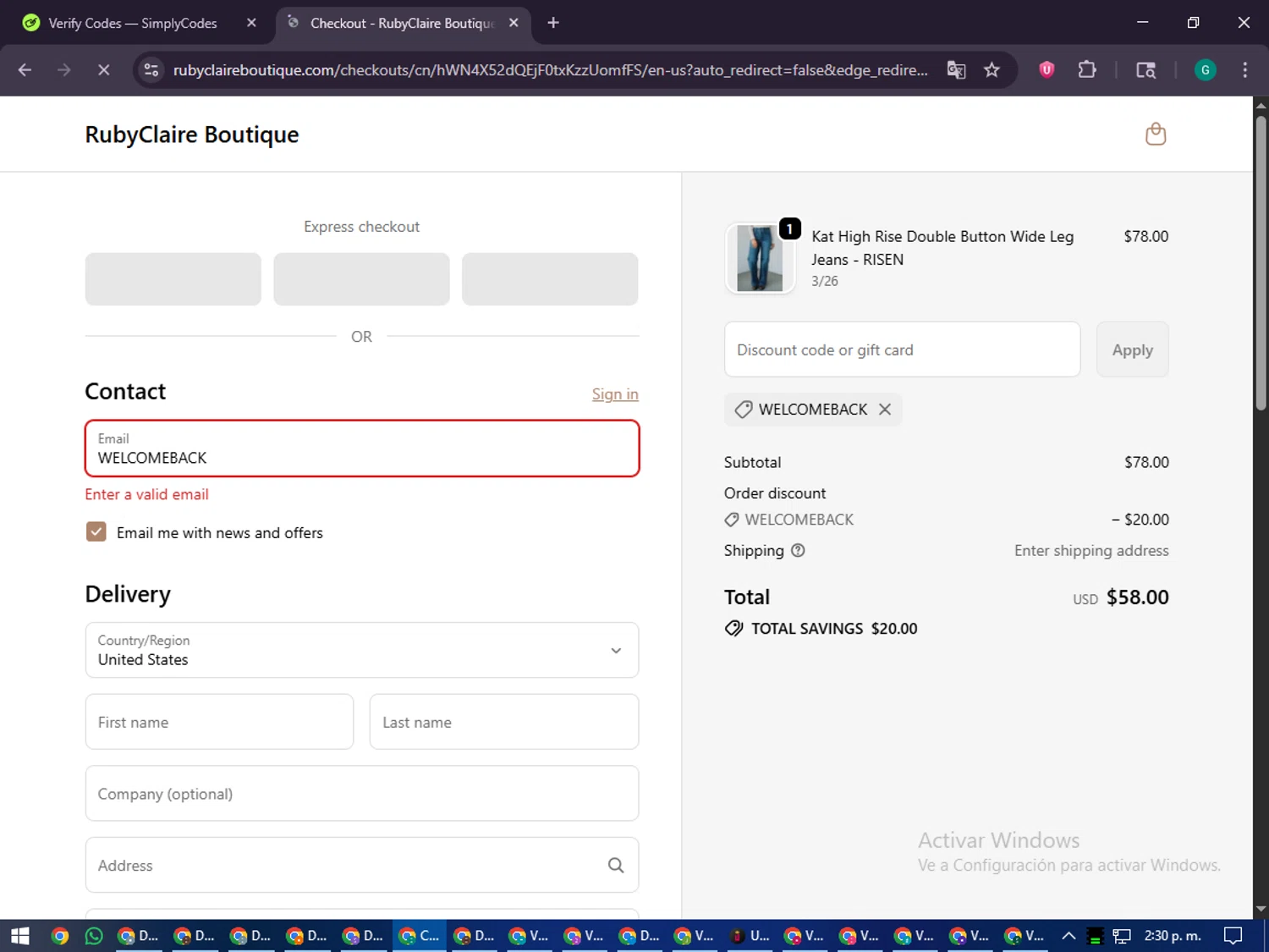 RubyClaire Boutique coupon code screenshot showing code WELCOMEBACK applied at RubyClaire Boutique checkout page. Uploaded by SimplyCodes community member PennyFinder5759 on Oct 25, 2025