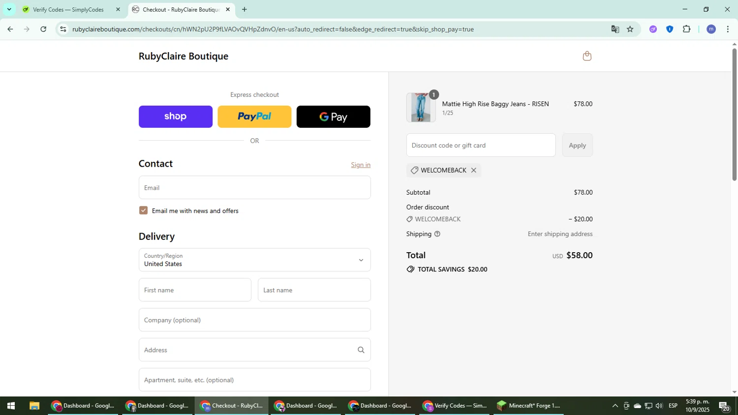 RubyClaire Boutique coupon code screenshot showing code WELCOMEBACK applied at RubyClaire Boutique checkout page. Uploaded by SimplyCodes community member QuestDefender2661 on Sep 10, 2025
