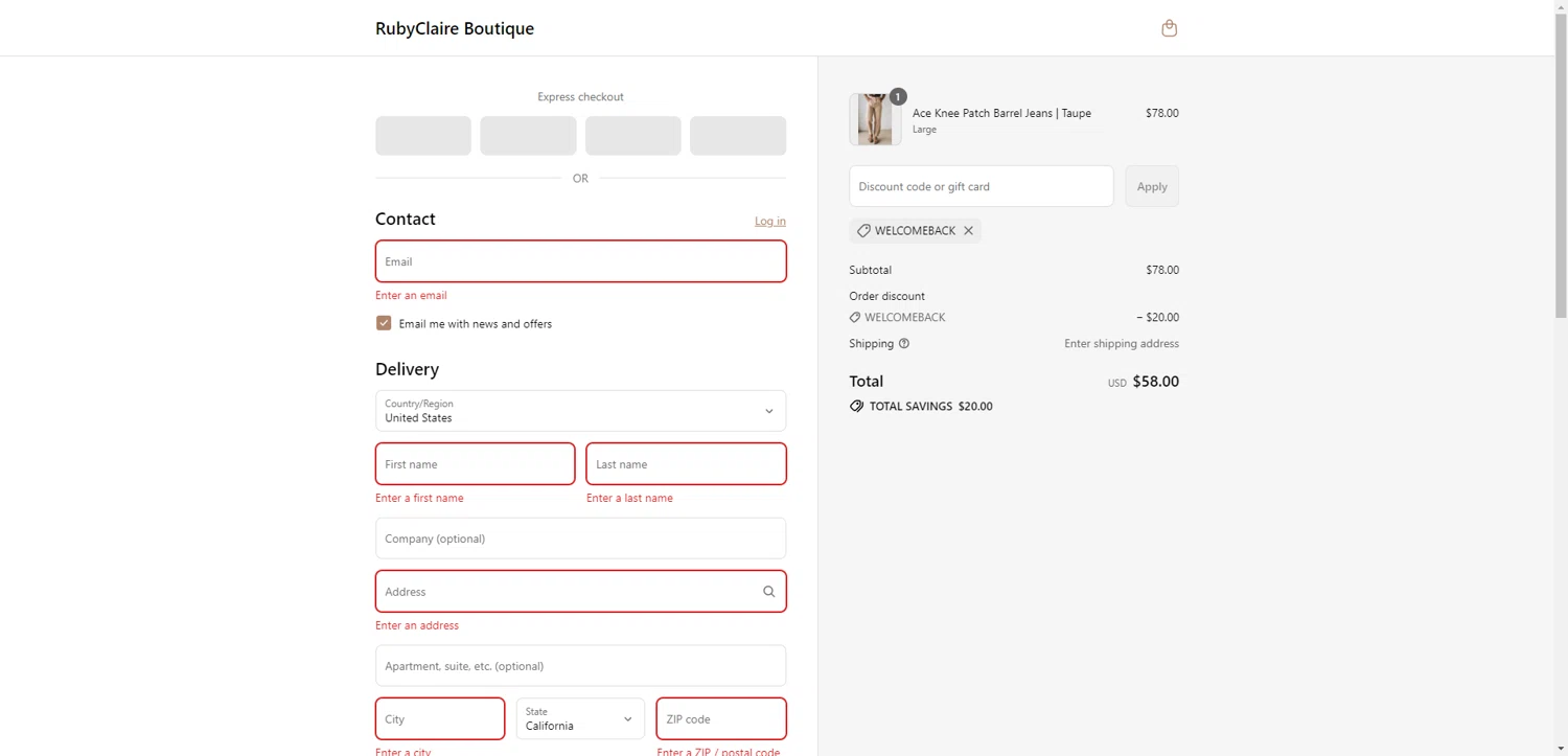 RubyClaire Boutique coupon code screenshot showing code WELCOMEBACK applied at RubyClaire Boutique checkout page. Uploaded by SimplyCodes community member ScanRanger3503 on Aug 24, 2025