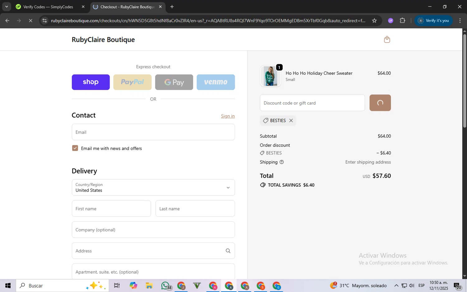 RubyClaire Boutique coupon code screenshot showing code BESTIES applied at RubyClaire Boutique checkout page. Uploaded by SimplyCodes community member ScanSpotter8851 on Nov 12, 2025