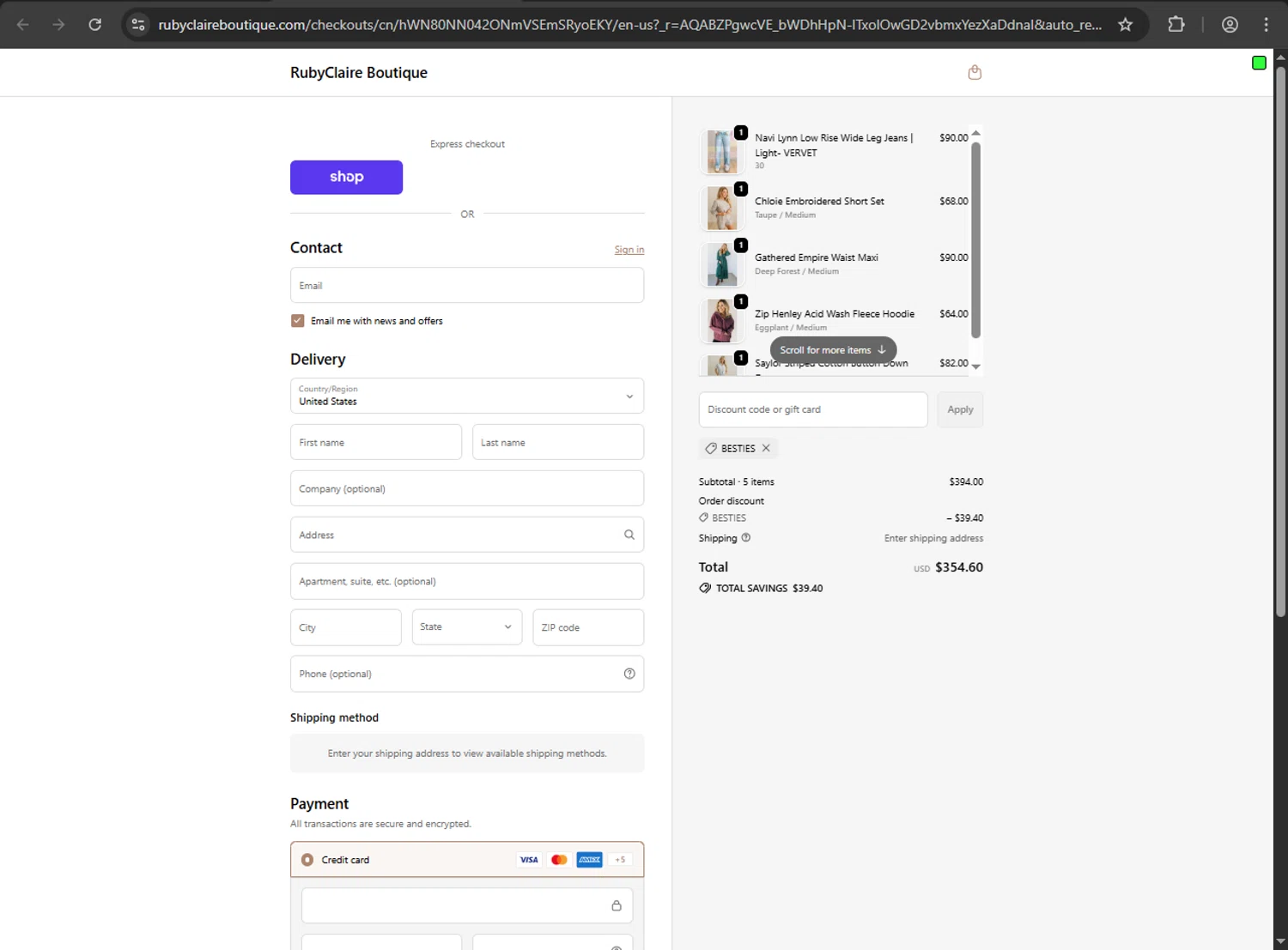 RubyClaire Boutique coupon code screenshot showing code BESTIES applied at RubyClaire Boutique checkout page. Uploaded by SimplyCodes community member kaiser2 on Jan 25, 2026