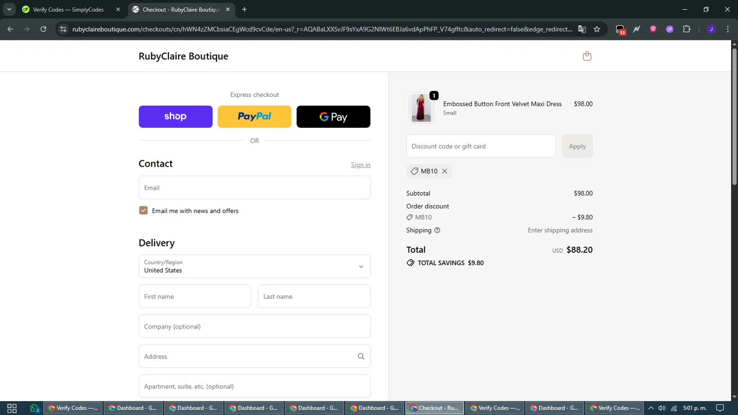 RubyClaire Boutique coupon code screenshot showing code MB10 applied at RubyClaire Boutique checkout page. Uploaded by SimplyCodes community member WiseMaven9968 on Nov 6, 2025
