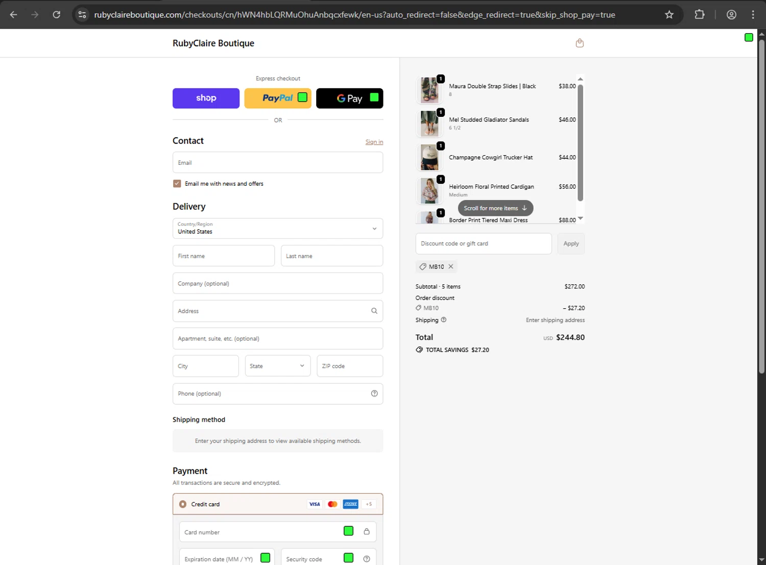 RubyClaire Boutique coupon code screenshot showing code MB10 applied at RubyClaire Boutique checkout page. Uploaded by SimplyCodes community member anthonyramirez1 on Oct 30, 2025