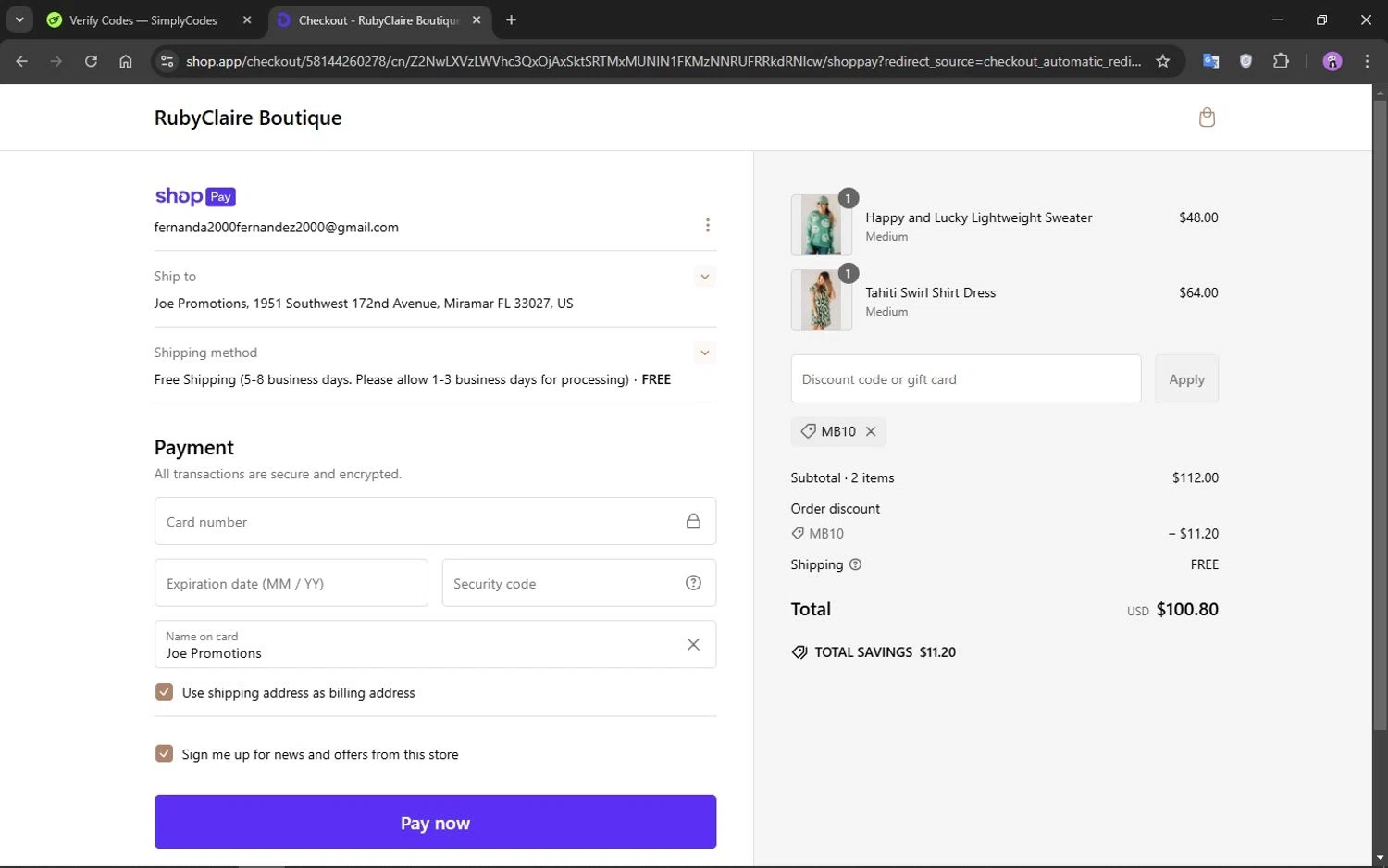 RubyClaire Boutique coupon code screenshot showing code MB10 applied at RubyClaire Boutique checkout page. Uploaded by SimplyCodes community member CrownMaestro9486 on Feb 10, 2025