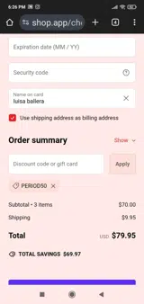 PERIOD50 coupon verification screenshot