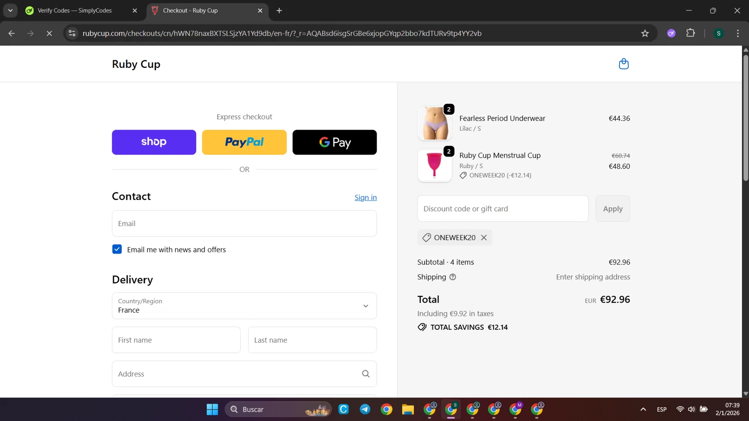 Ruby Cup checkout page showing Ruby Cup promo code box | Screenshot taken by SimplyCodes community member on Jan 2, 2026