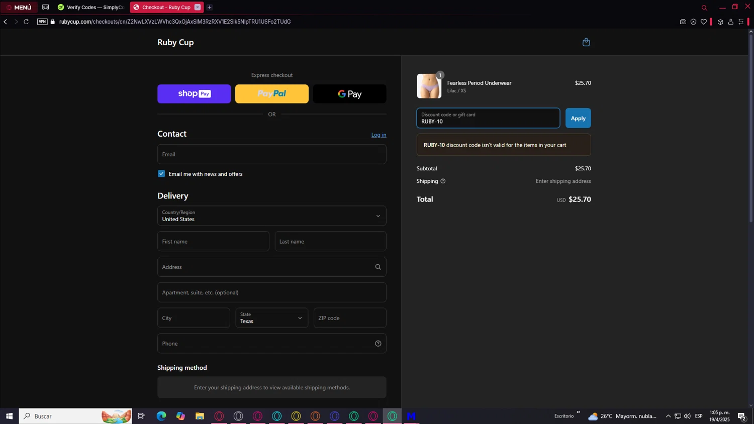 Ruby Cup promo code screenshot showing code RUBY-10 applied at Ruby Cup checkout page. Uploaded by SimplyCodes community member ValueLegend167 on Apr 19, 2025