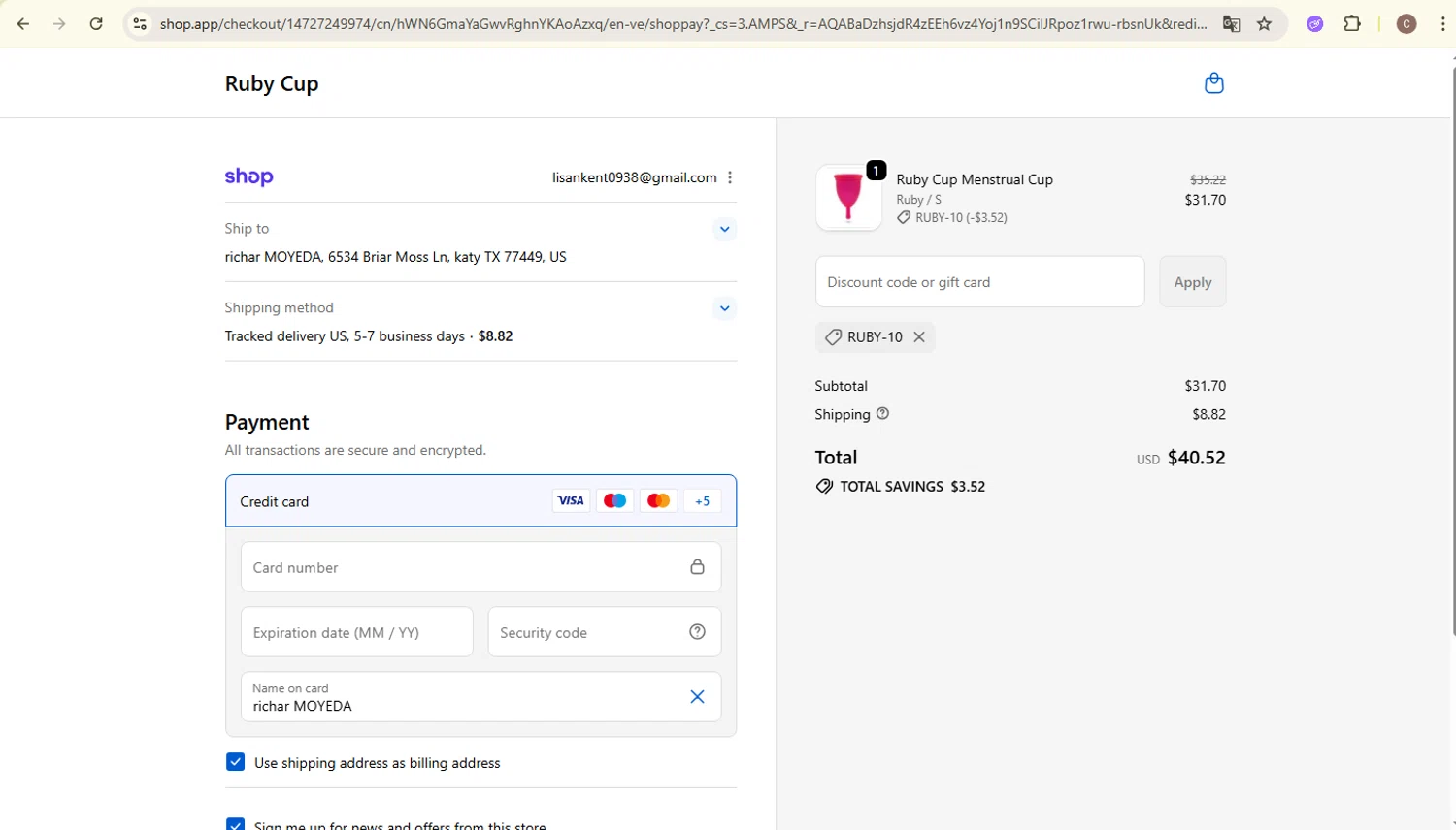 Ruby Cup promo code screenshot showing code RUBY-10 applied at Ruby Cup checkout page. Uploaded by SimplyCodes community member carlosra07 on Dec 10, 2025