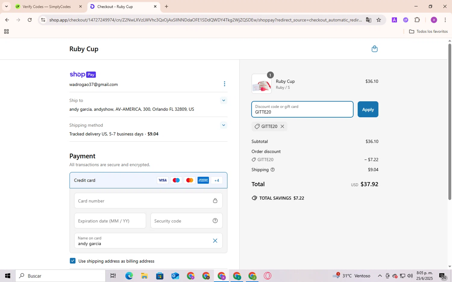Ruby Cup promo code screenshot showing code GITTE20 applied at Ruby Cup checkout page. Uploaded by SimplyCodes community member Andygar on Jun 25, 2025