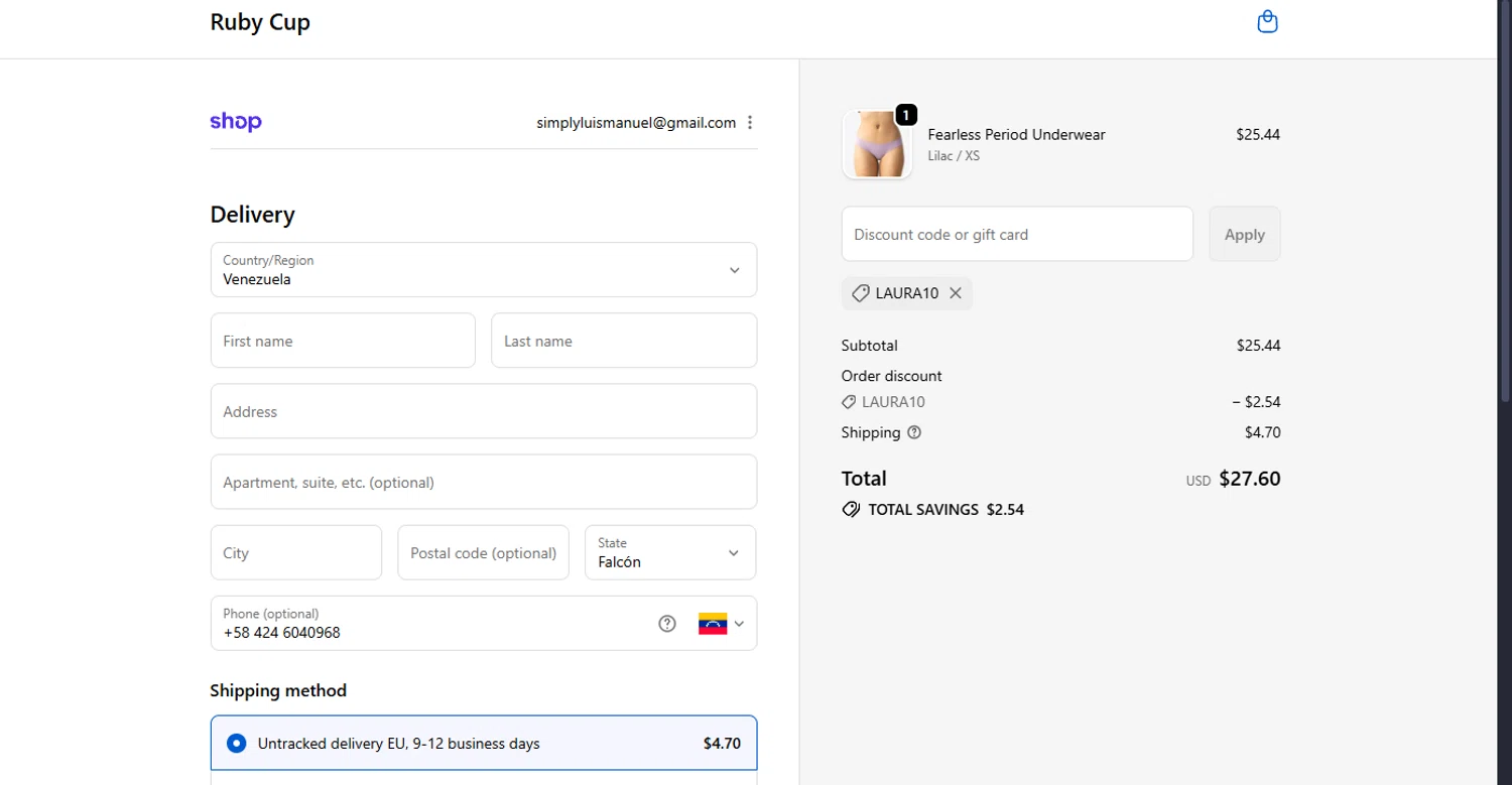 Ruby Cup promo code screenshot showing code LAURA10 applied at Ruby Cup checkout page. Uploaded by SimplyCodes community member MoneyScout2554 on Nov 9, 2025
