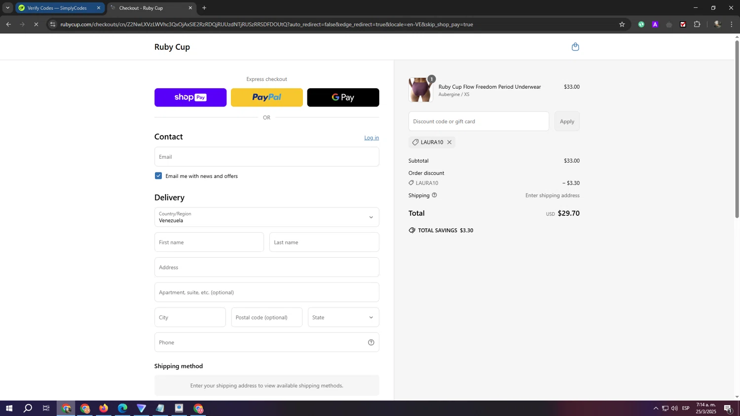 Ruby Cup promo code screenshot showing code LAURA10 applied at Ruby Cup checkout page. Uploaded by SimplyCodes community member eliaskao on Mar 25, 2025