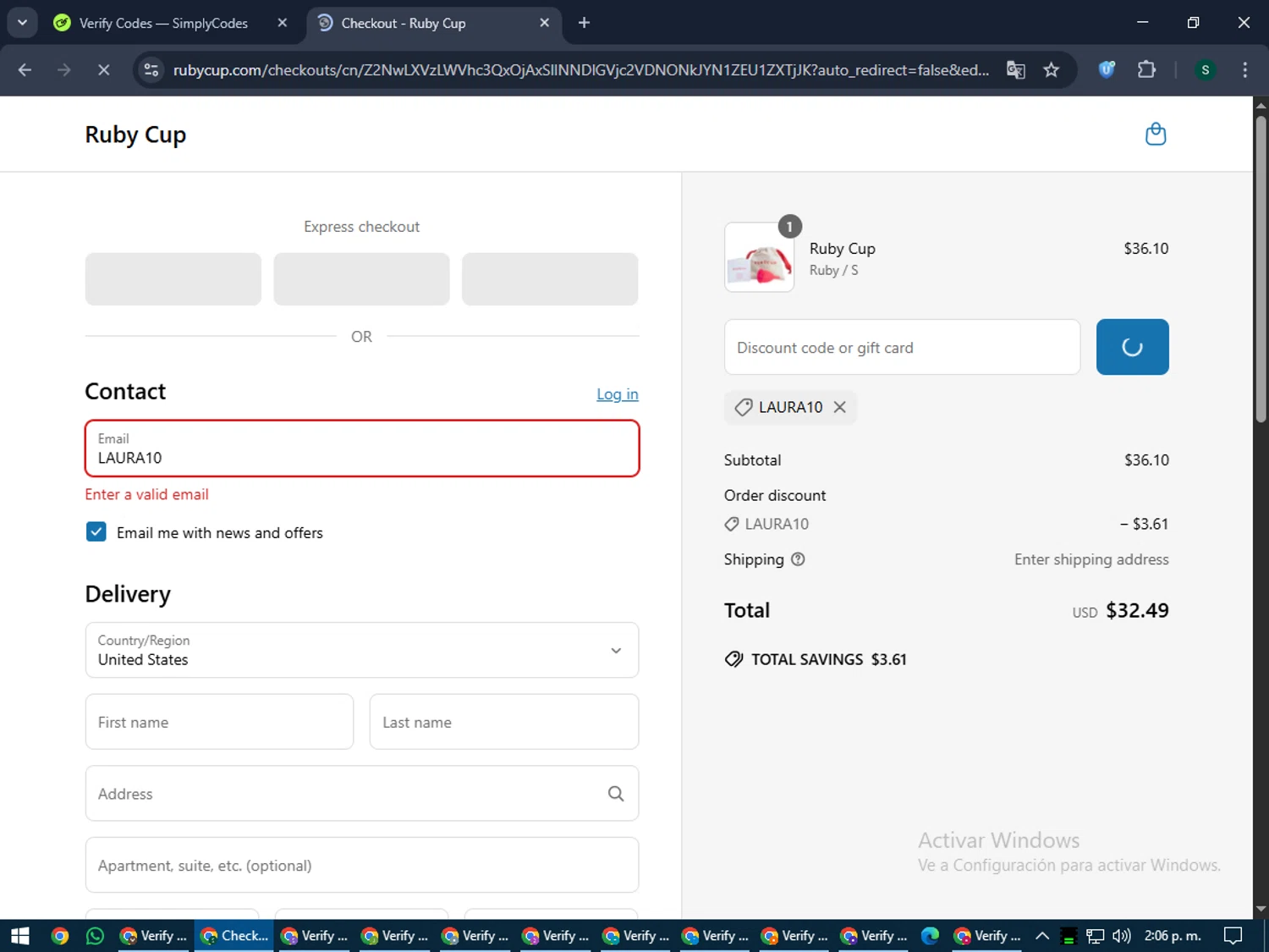 Ruby Cup promo code screenshot showing code LAURA10 applied at Ruby Cup checkout page. Uploaded by SimplyCodes community member lilMosey on Jun 25, 2025