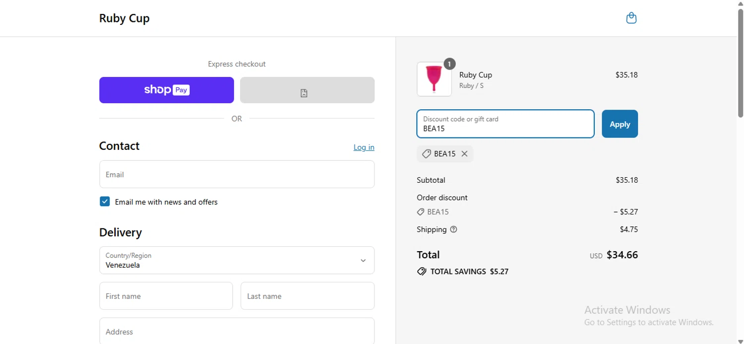 Ruby Cup promo code screenshot showing code BEA15 applied at Ruby Cup checkout page. Uploaded by SimplyCodes community member anosesmith on Aug 4, 2025