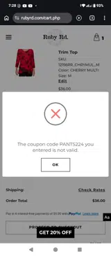Pants224 coupon verification screenshot