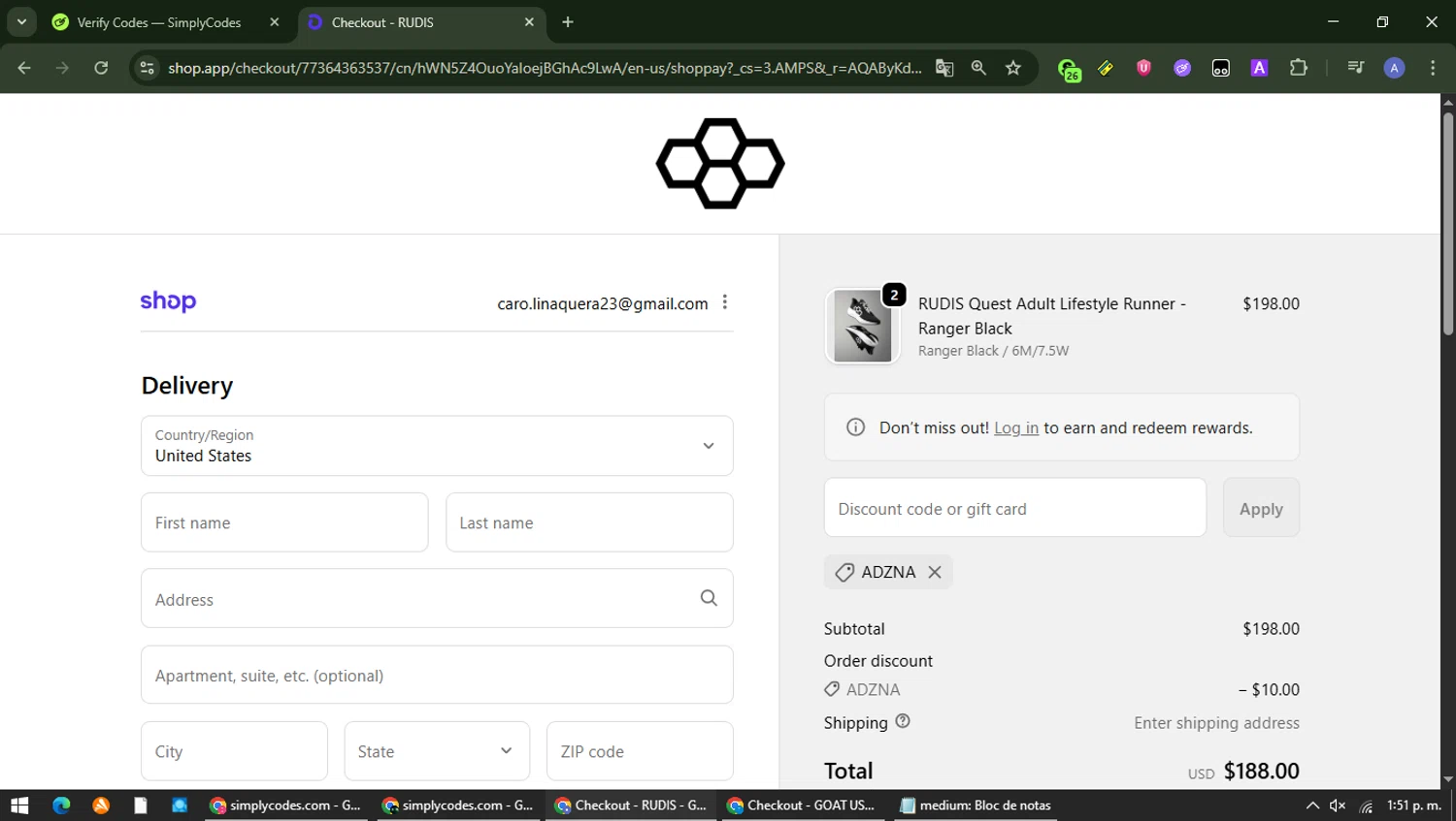 RUDIS Wrestling checkout page showing RUDIS Wrestling discount code box | Screenshot taken by SimplyCodes community member on Feb 13, 2026